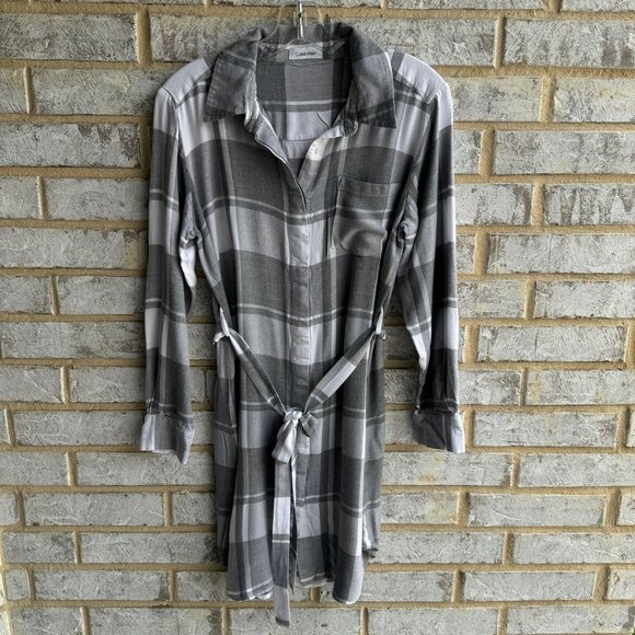 Calvin Klein Long Sleeve Plaid Collared Belted Shirt Dress Women's Size M.
